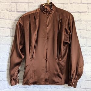 Vintage Cache Silk Satin Button Down Blouse 4 Brown Long Sleeve 80s Victorian